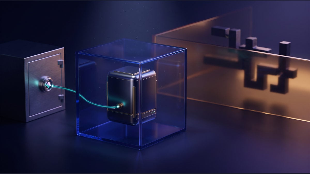 A dark server pod sits inside a transparent cube connected to a vault by one glowing conduit; distant blocks remain behind an amber divider.