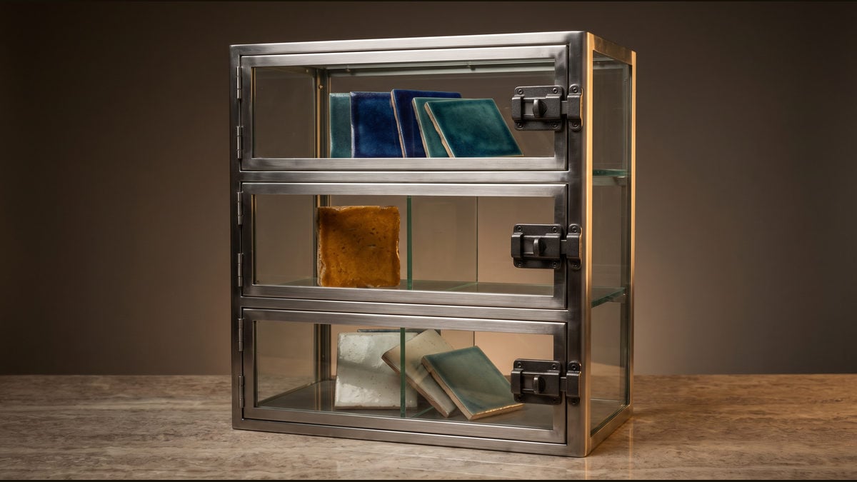 A clear cabinet separates matched, missing, and uncertain colour tiles behind closed latches.
