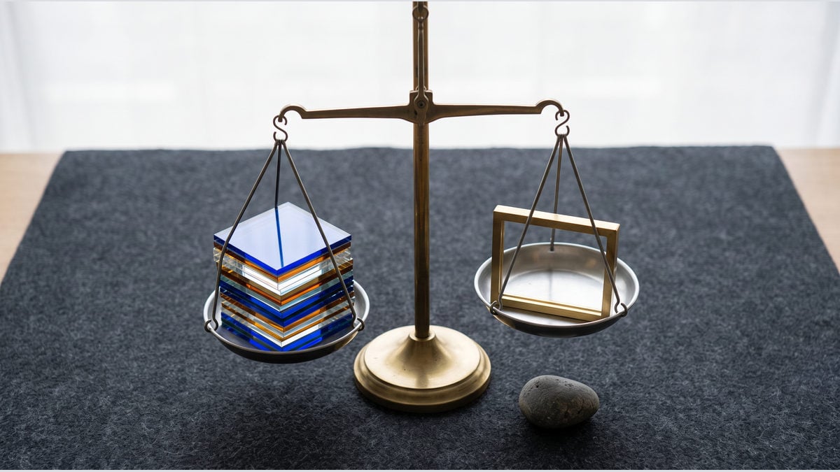 A scale weighs a dense stack of translucent sheets against an empty margin frame, with a caution pebble aside.