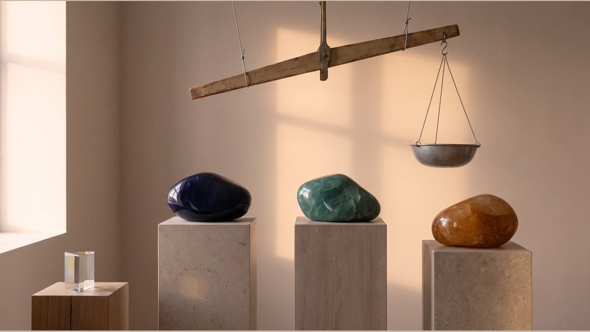 Three evidence stones sit below a balance beam while an uncertainty prism remains visibly separate.