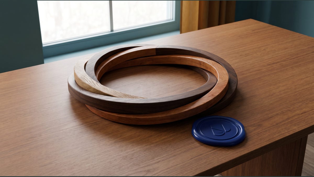 Interlocking wooden arcs form a closed meeting table around an empty centre, with a review token outside.