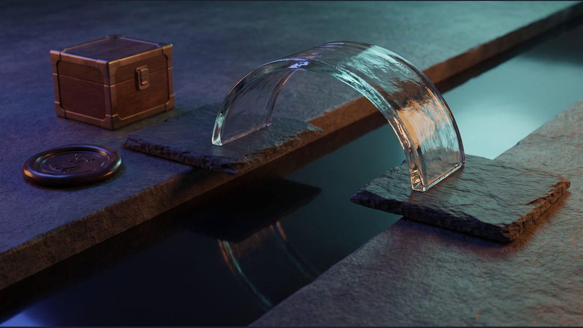 A transparent relay bridge spans two platforms while a verification seal and unopened tool capsule remain aside.