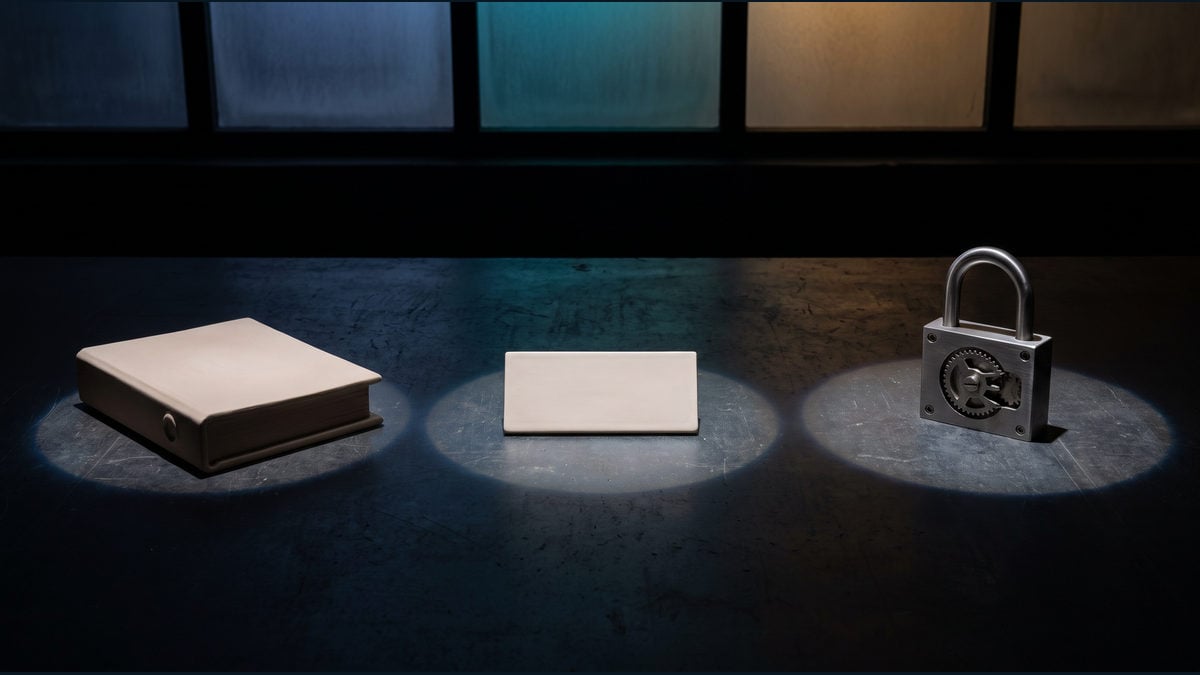 Three isolated workbench objects represent source material, a bounded maintenance change, and a review lock.