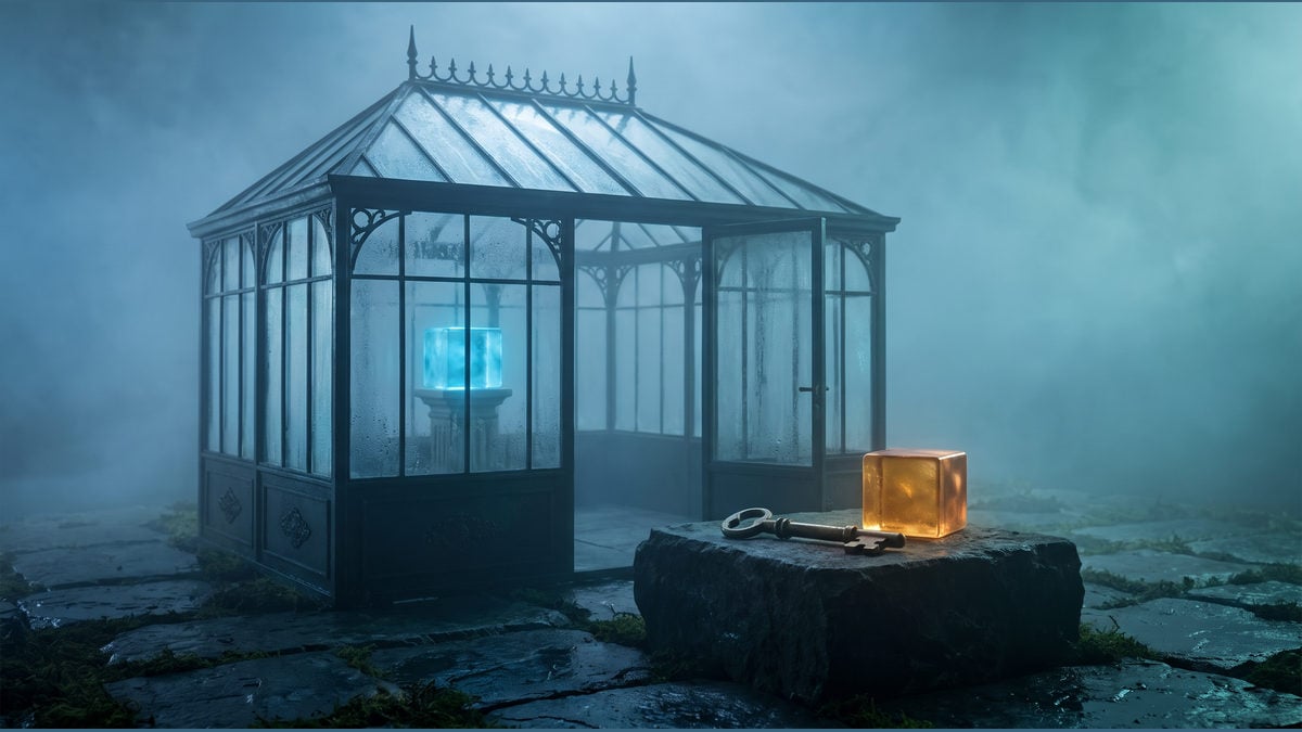 One dependency cube sits inside a private glass conservatory while a matching cube and owner key remain outside.