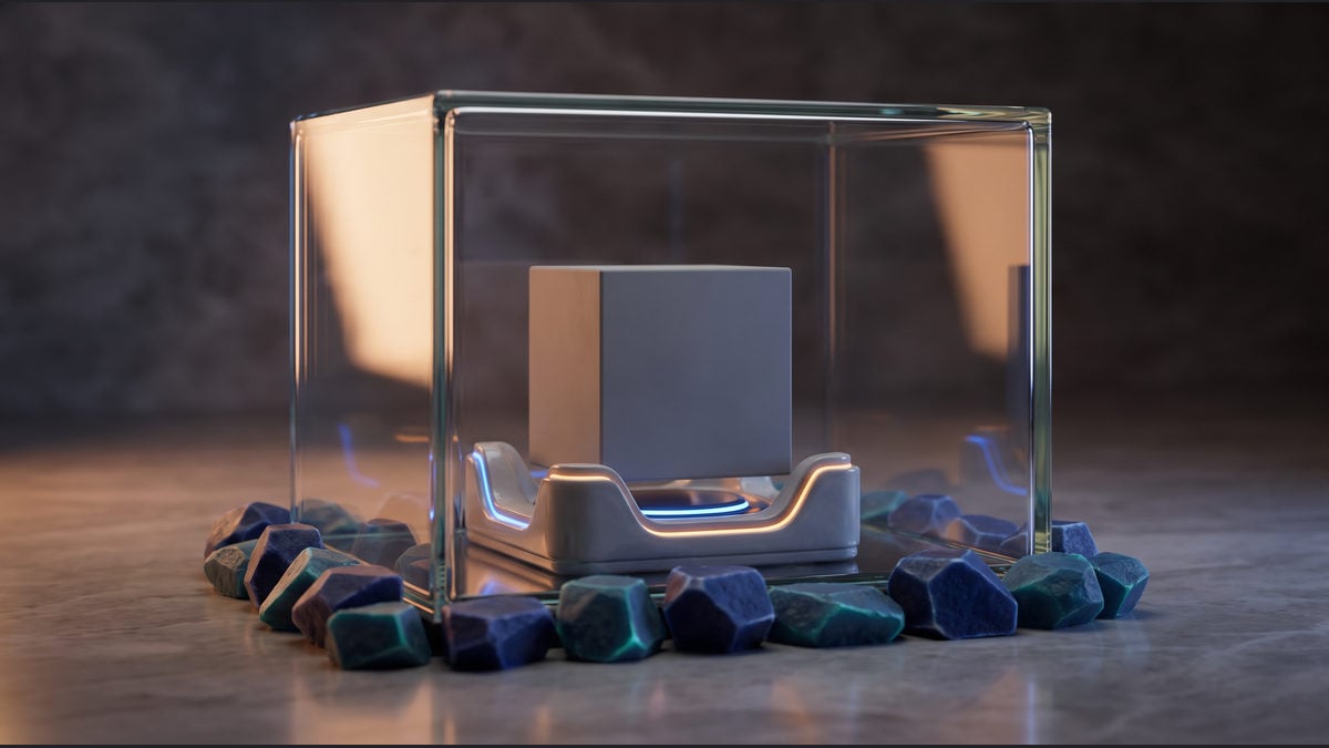 A neutral package cube rests in a preparation chamber while discrete pebbles remain beyond a boundary wall.