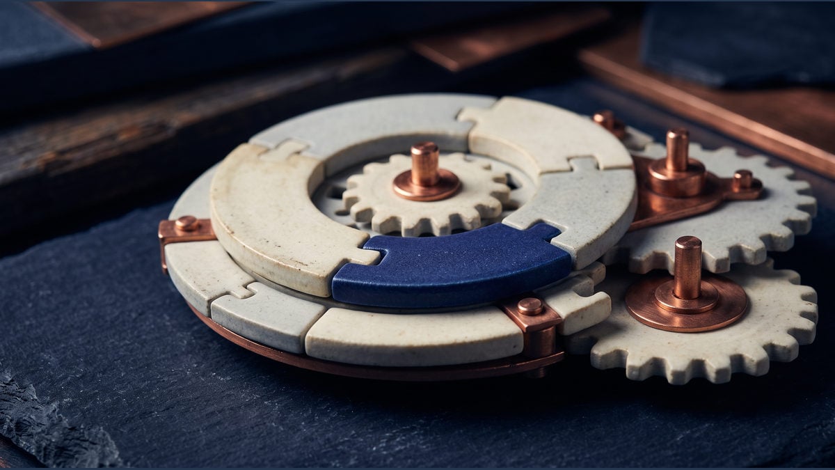 An indigo segment fits into a larger pale ceramic mechanism.