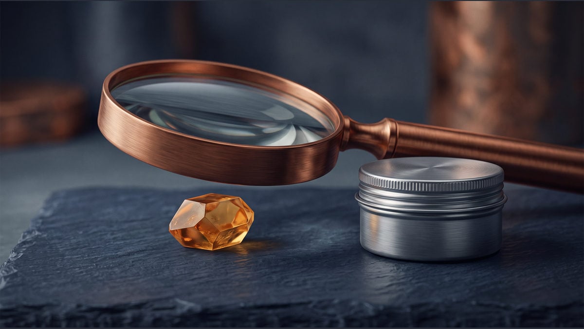 A glass lens frames an amber crystal beside a closed silver container.