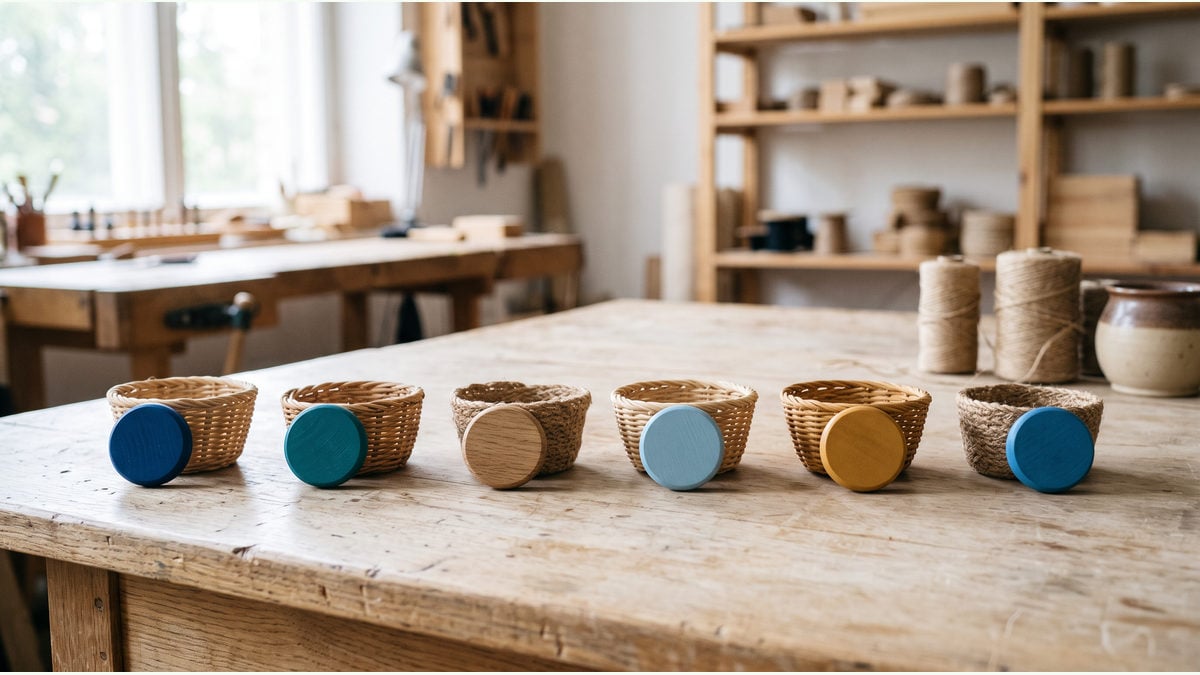 Coloured wooden tokens sit beside separate woven baskets.
