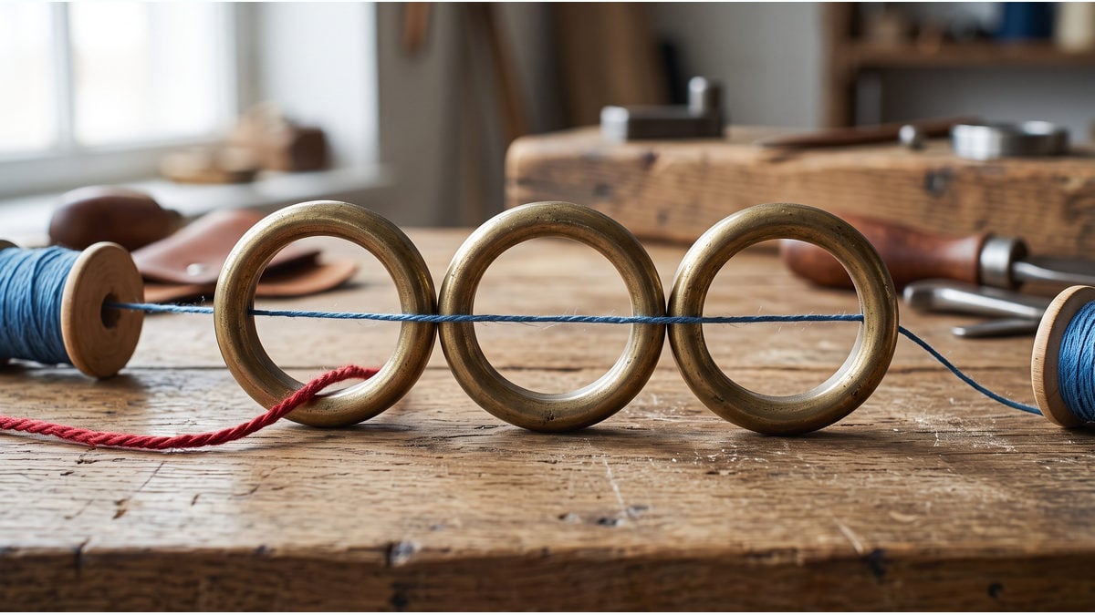 A blue thread passes through brass rings while a red thread remains outside.
