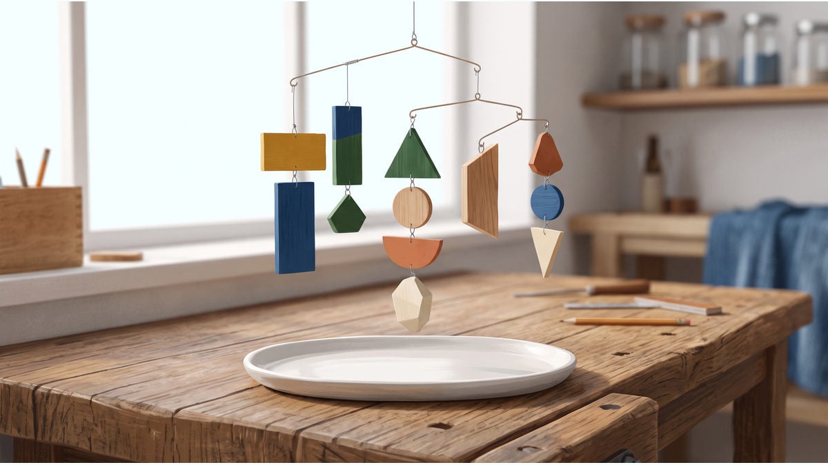 Coloured geometric pieces hang above a white ceramic tray.