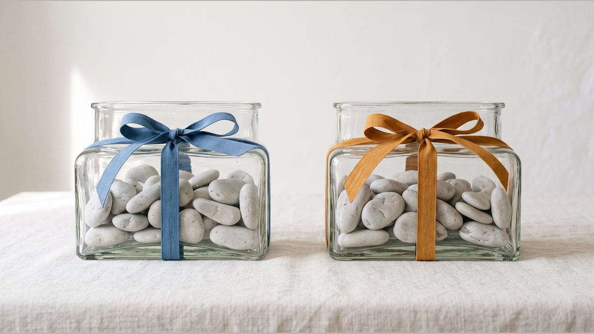 Matching stones fill two glass containers with different coloured ribbons.