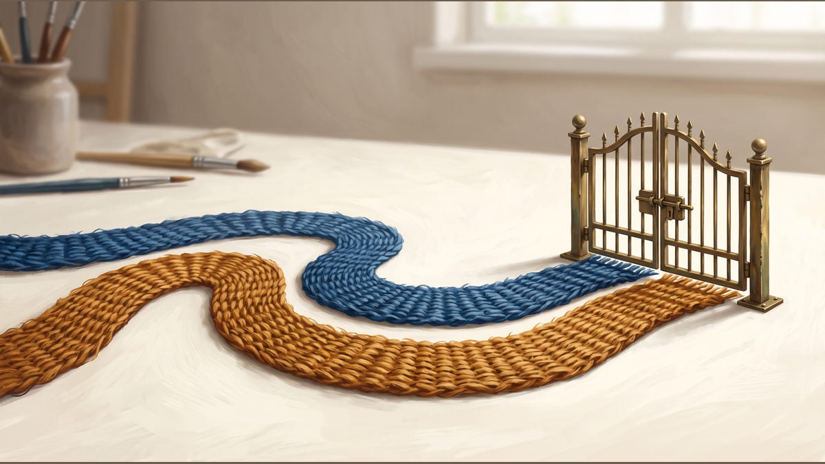 Two woven paths stop before a closed brass gate.