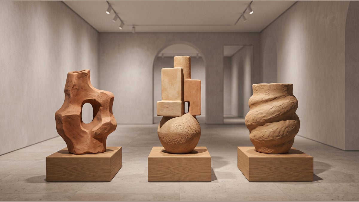 Original clay forms stand on plinths in a softly lit exhibition space.