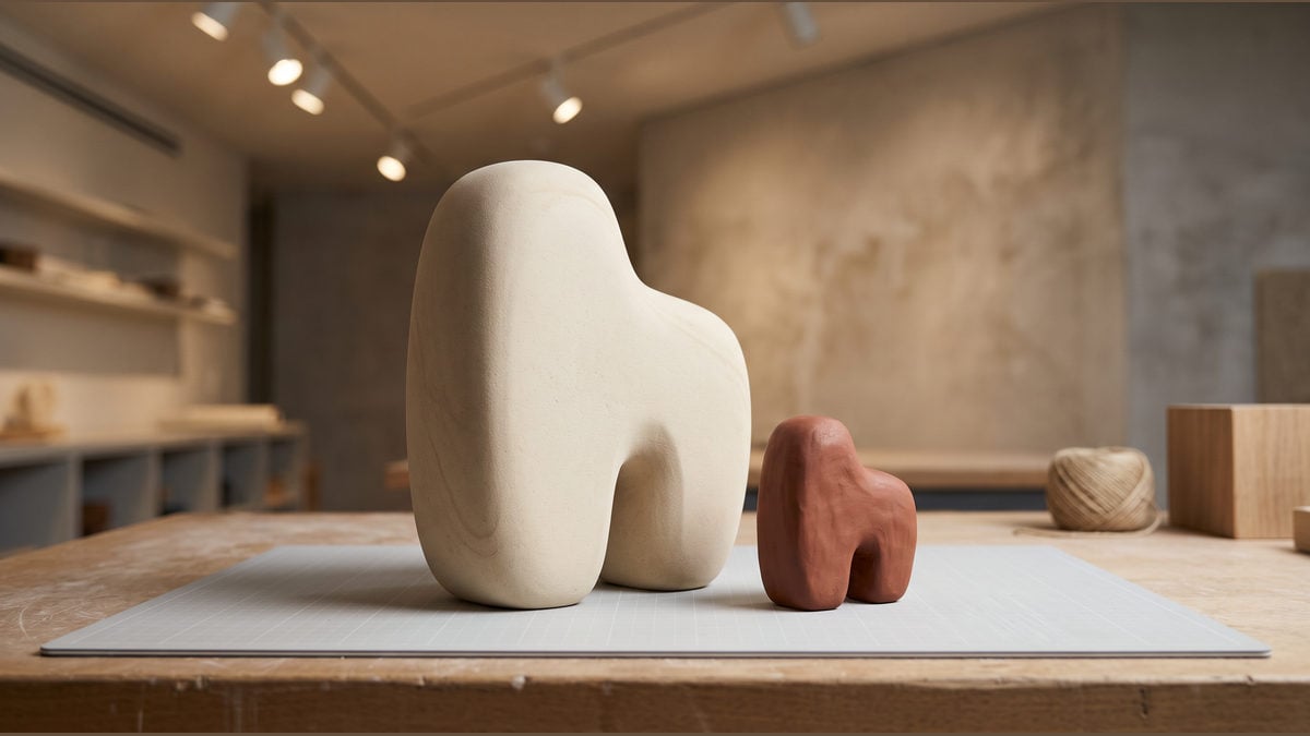 A smooth stone form stands beside a small tactile clay interpretation.