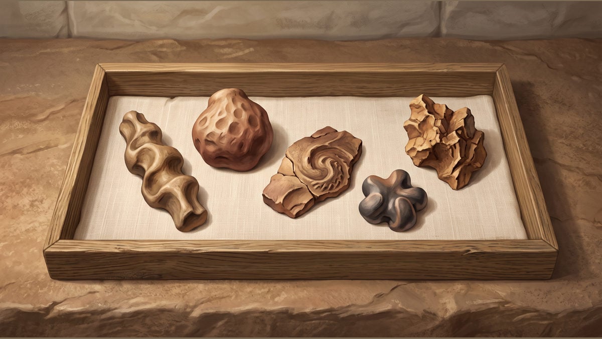 Five original abstract fragments rest on linen in a wooden tray.