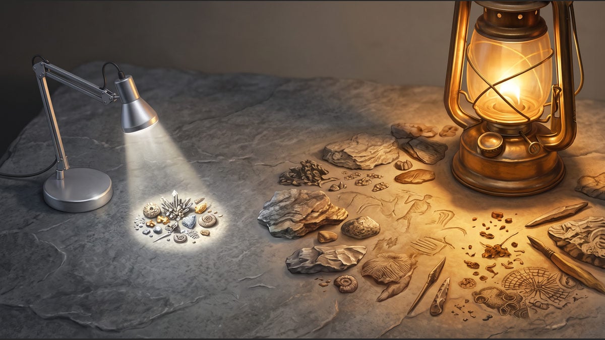 Two lamps illuminate different areas of a stone surface.