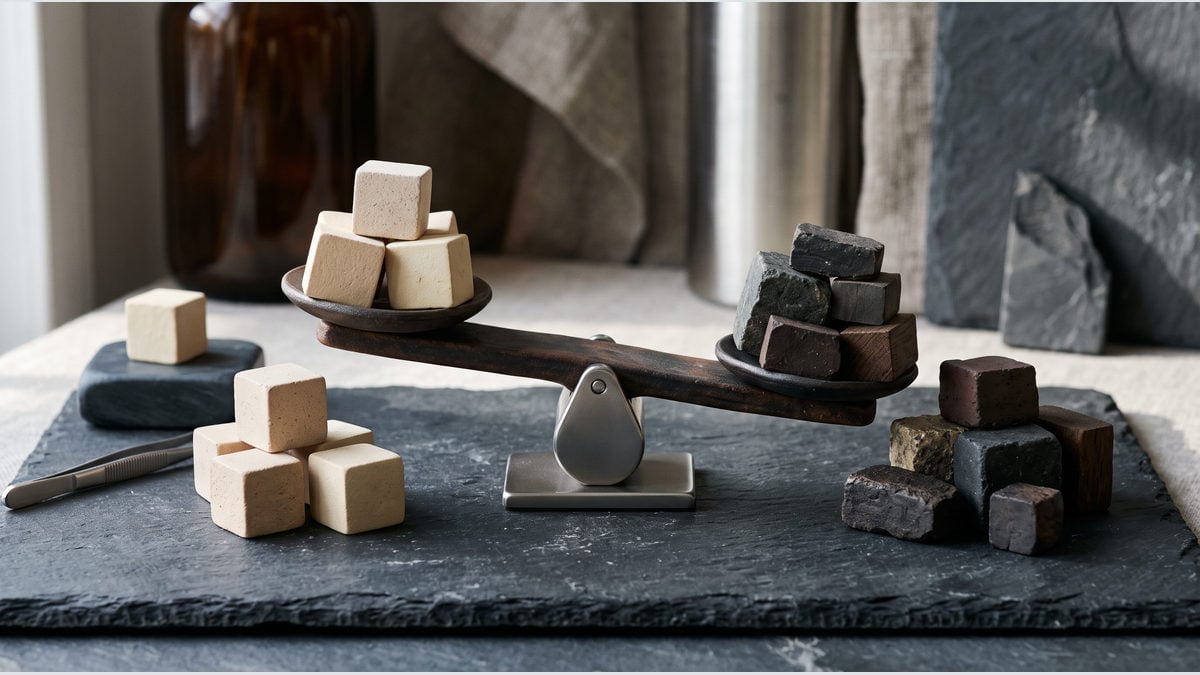 A ceramic balance holds pale and dark blocks in separate pans.