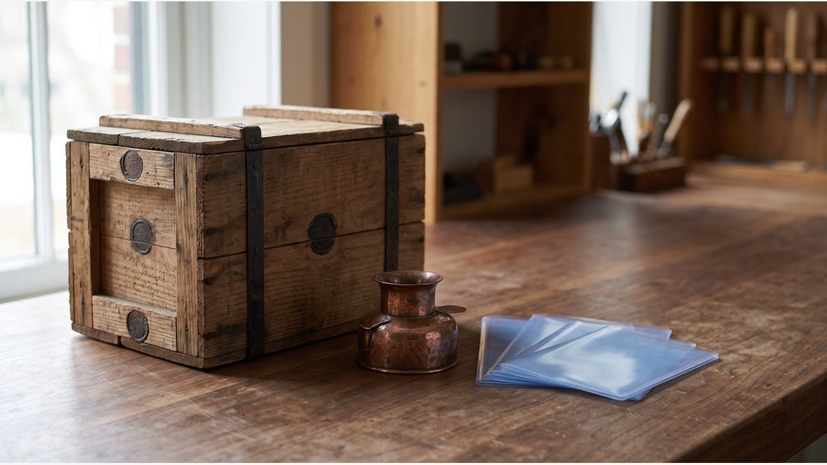 A copper object and translucent sleeves sit beside a closed wooden crate.
