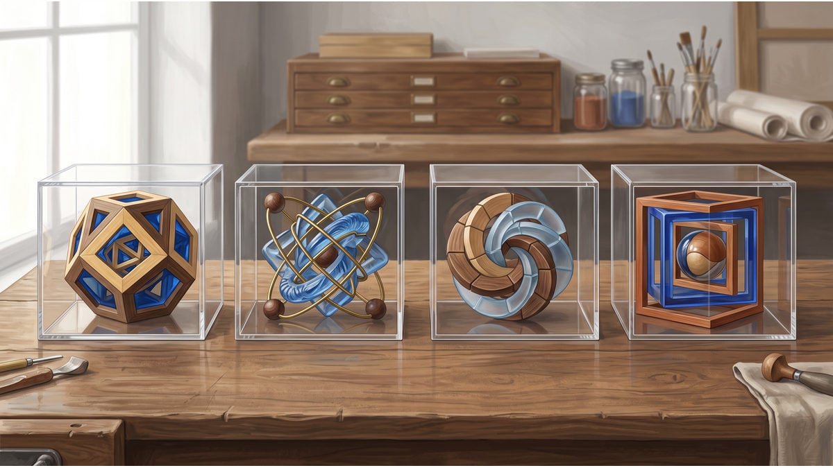 Four handcrafted objects occupy separate clear boxes on a review bench.