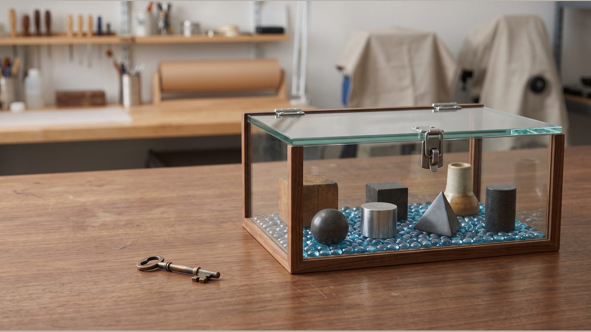 A bronze key rests outside a closed glass case of geometric pieces.