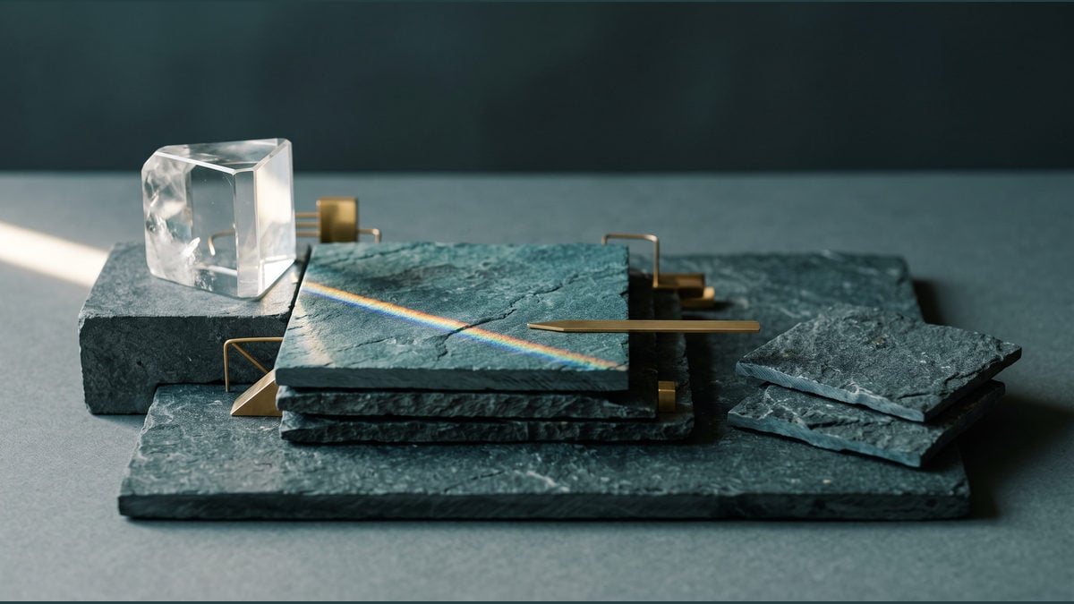 A clear prism and a narrow light beam rest above stacked dark stone tiles.