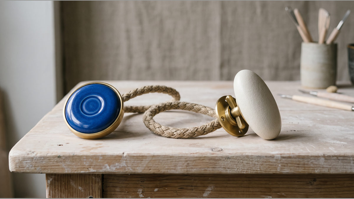Two differently shaped ceramic pulls are joined by a woven cord on a wooden surface.