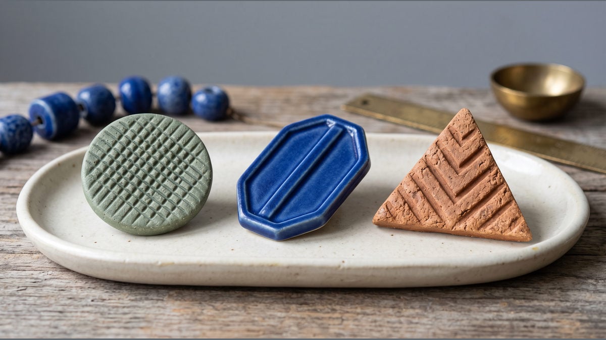 Round, elongated and triangular textured tokens rest in an ivory tray.