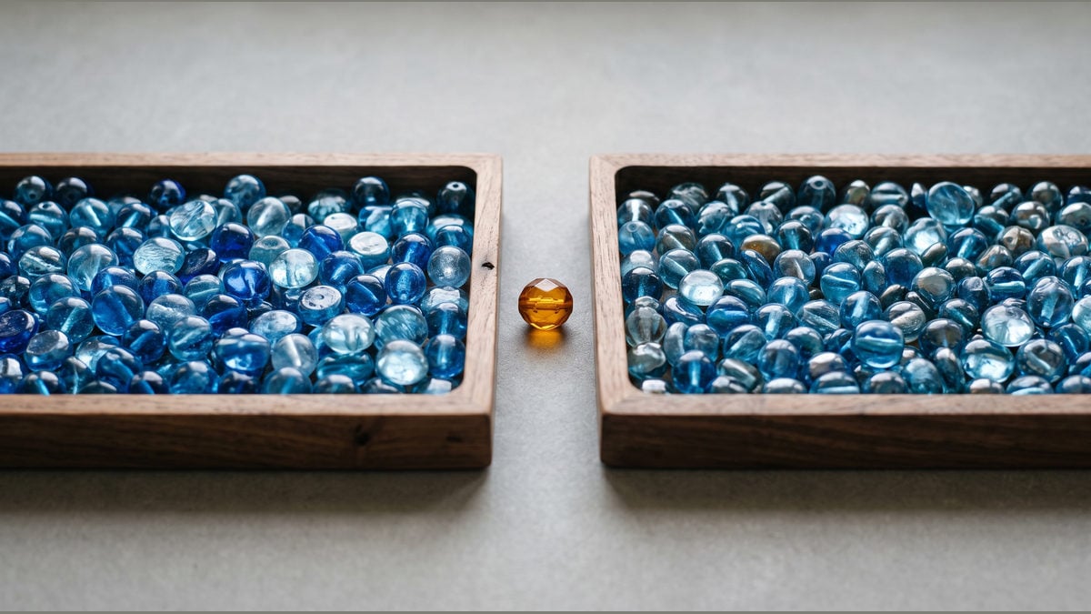 Two walnut trays of blue glass beads are separated by a single amber bead.