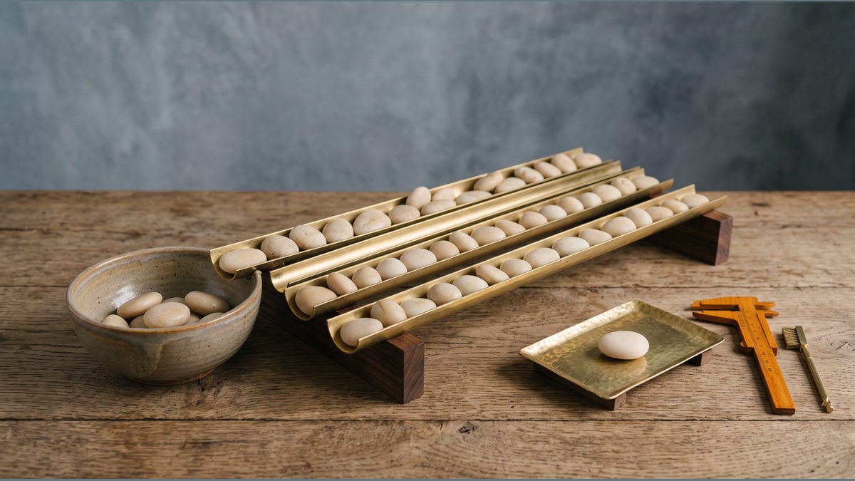 Parallel brass channels hold pale stones beside a bowl and a separate inspection tray.