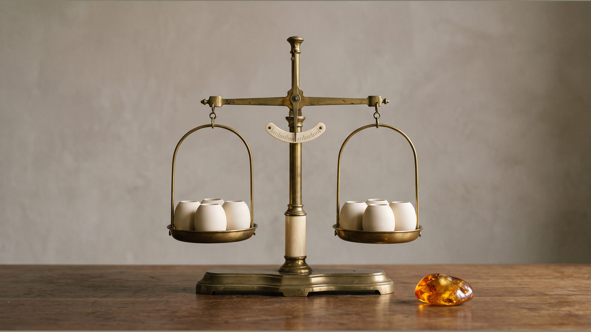 A balanced brass scale holds pale ceramic pieces, with an amber piece beside it.
