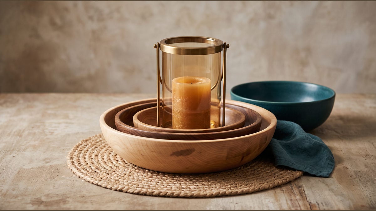 Nested wooden bowls and a teal bowl surround a warm lantern on woven fibre.