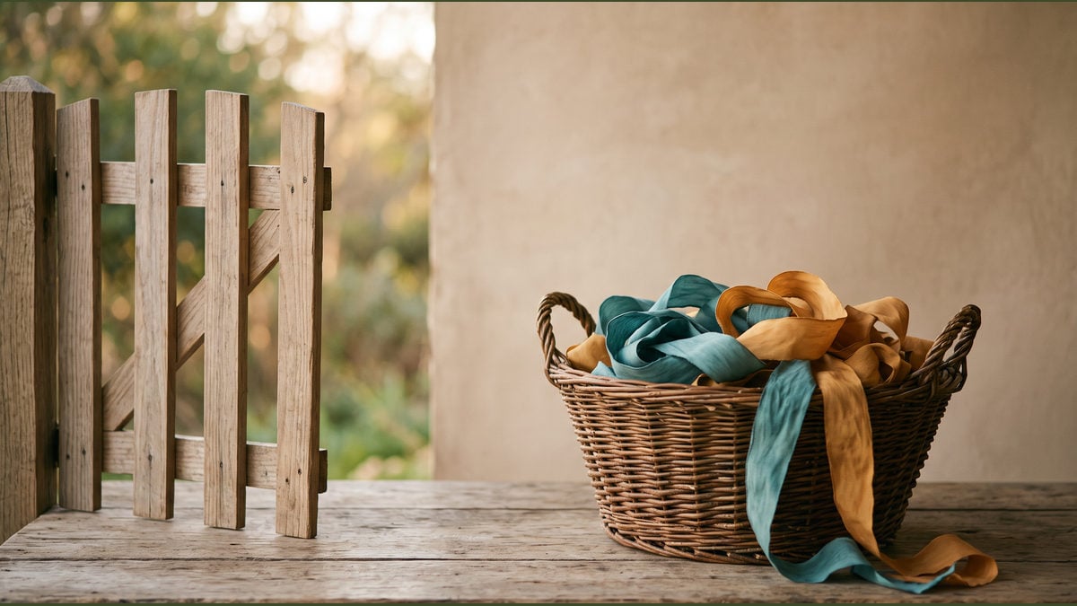 A willow basket of teal and amber ribbons stands beside an open wooden gate.