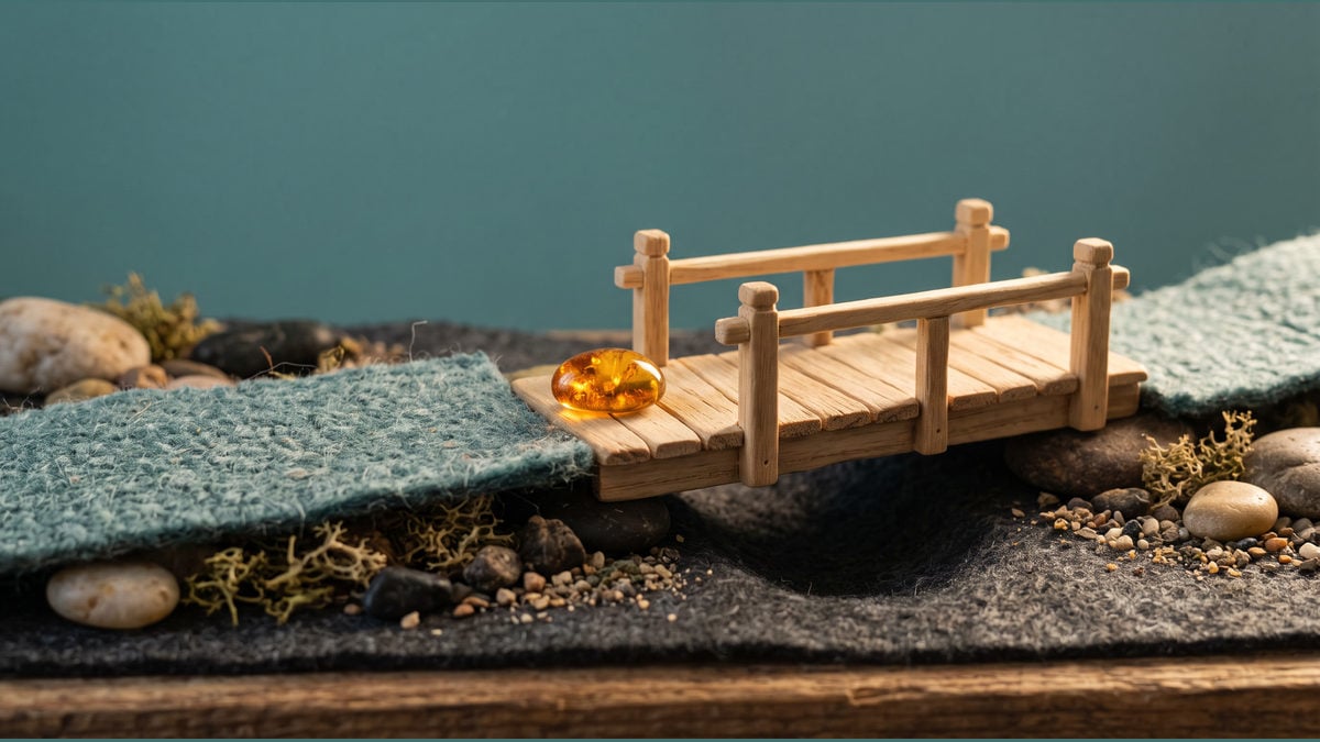 A miniature wooden footbridge joins two teal paths with an amber stone at its centre.
