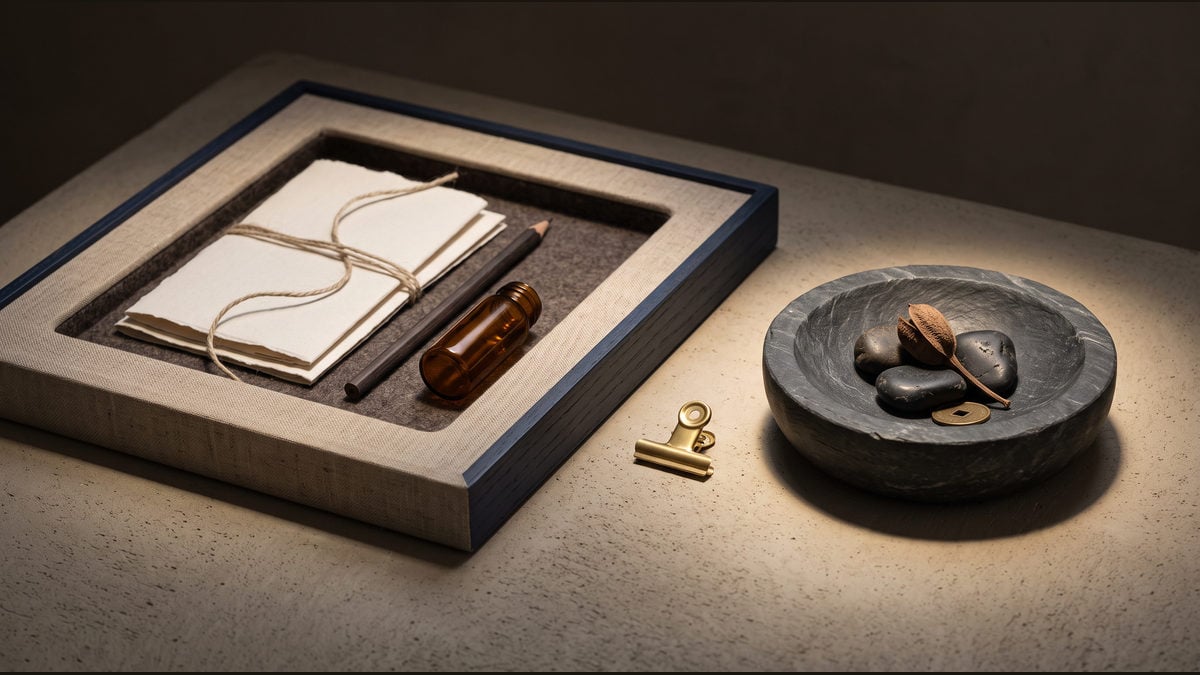 A broad recessed tray and a compact slate bowl sit beside small brass objects.