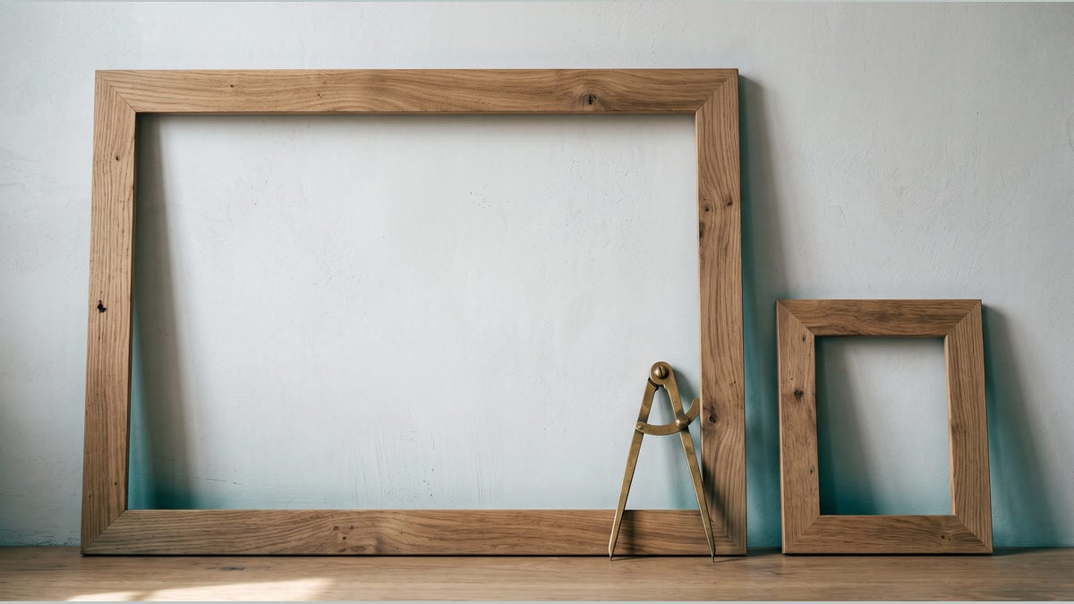 Two differently sized wooden frames stand beside a brass divider.