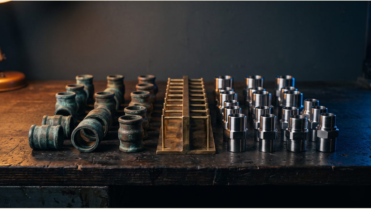 Weathered copper fittings and polished metal fittings are separated by a brass rack.