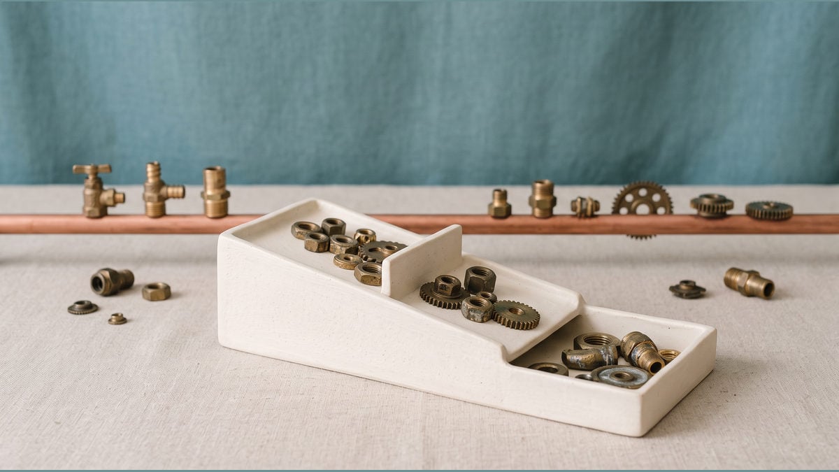 Small metal fittings rest in separate ceramic inspection trays.