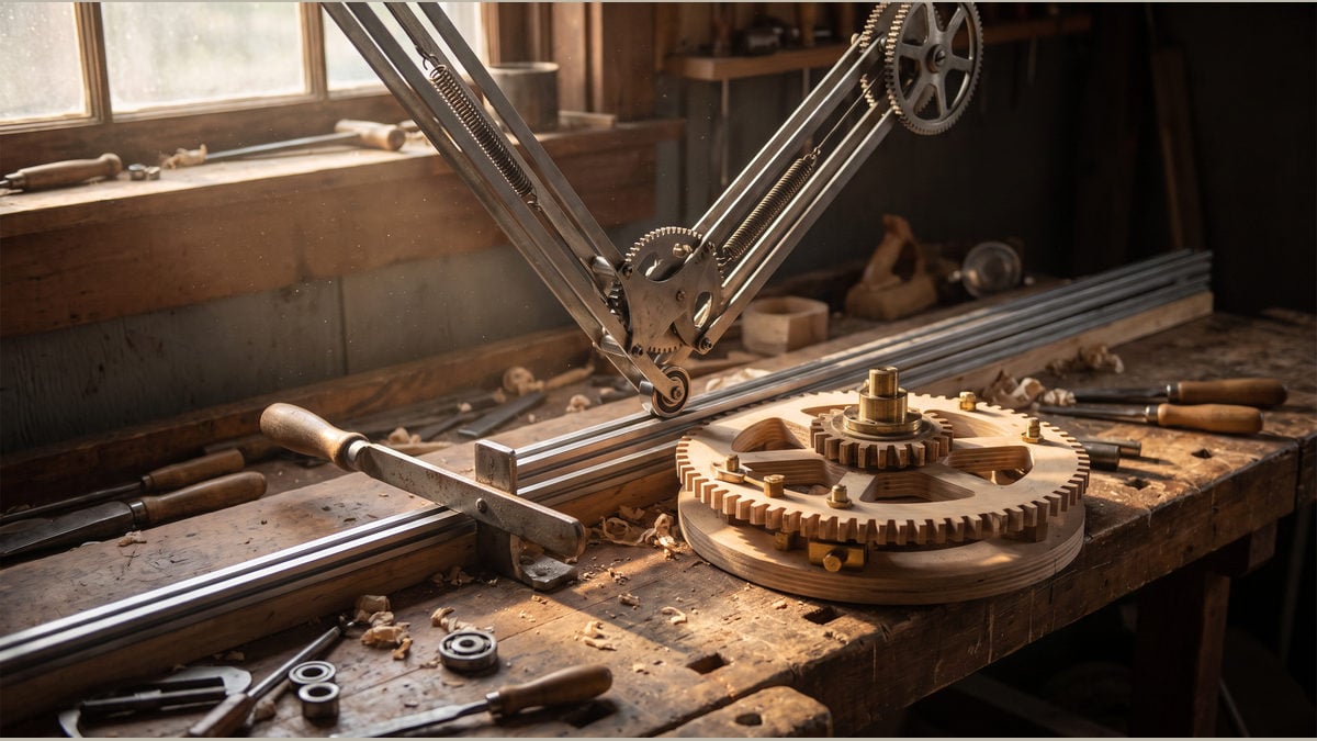 A mechanical drawing arm paused above a wooden gear assembly on a workshop bench.