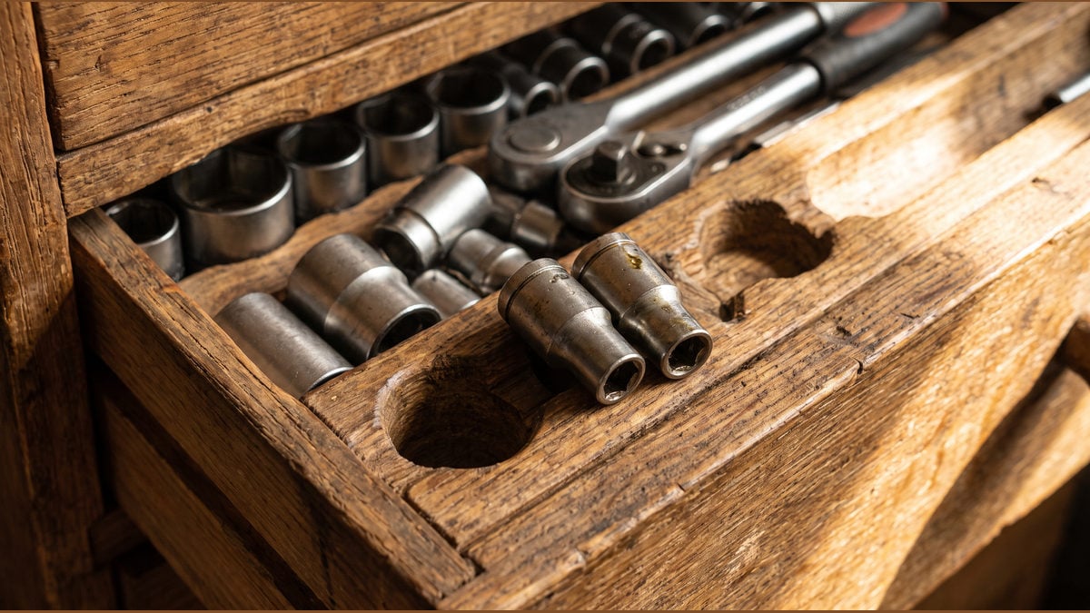 Steel socket heads and drivers beside matching recesses in a wooden tool drawer.