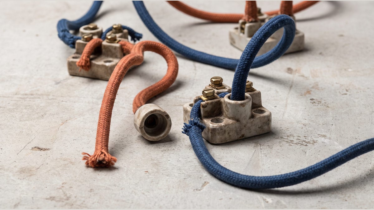 Ceramic junction blocks and coloured cords with disconnected ends on pale concrete.