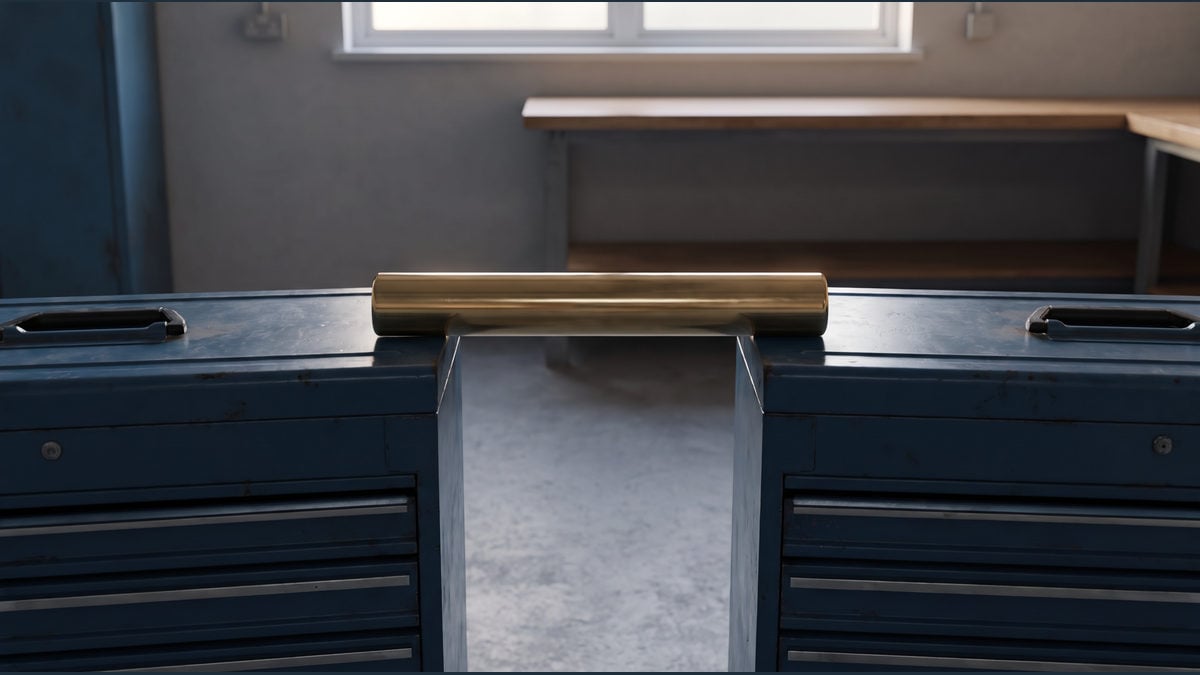 A brass baton resting across two closed blue tool chests.