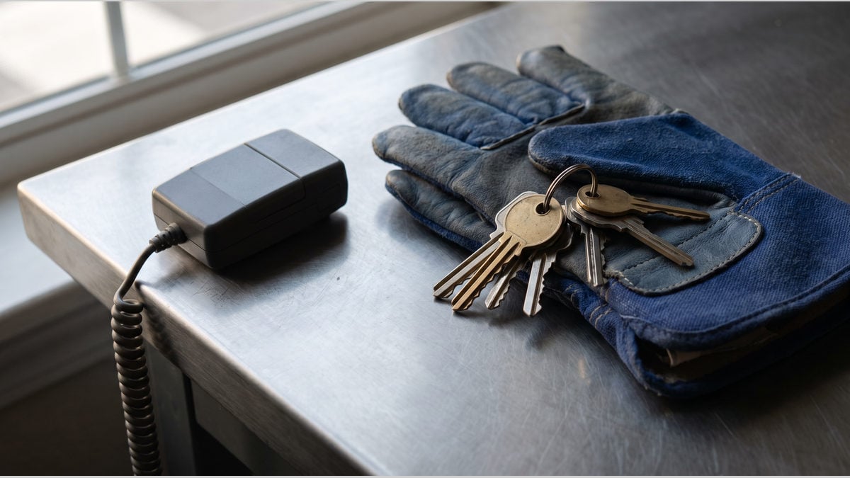 Unmarked keys on folded blue gloves beside a closed power adapter.