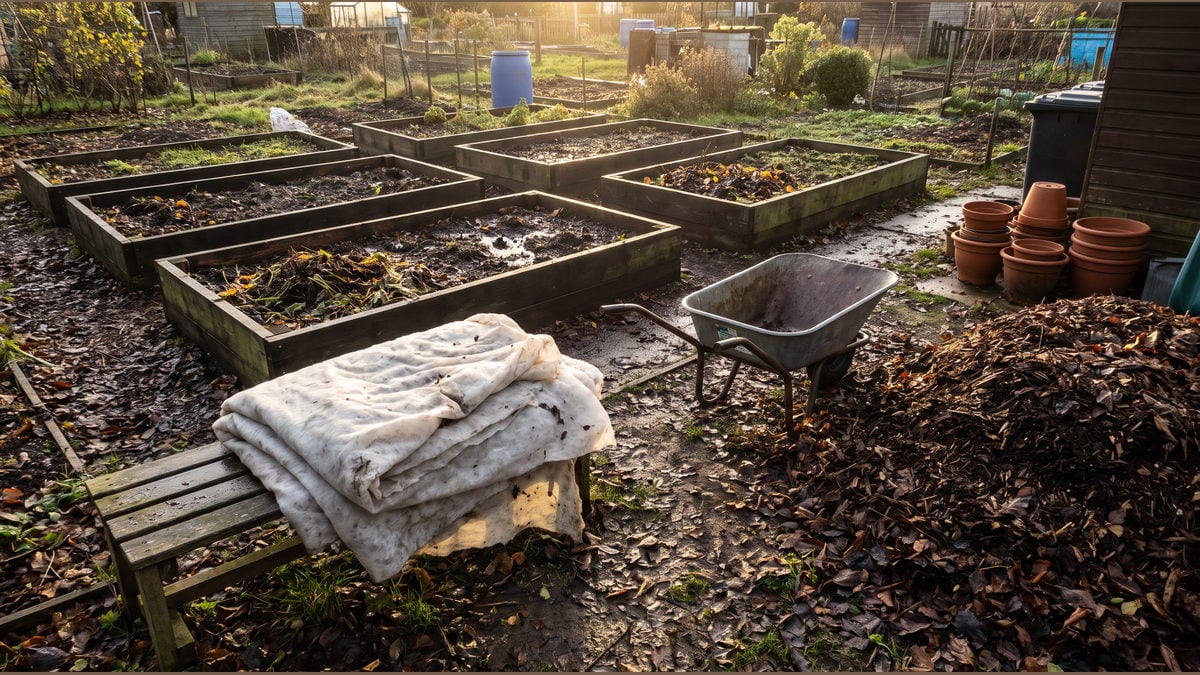 Dormant raised garden beds with folded fleece, a wheelbarrow and terracotta pots.