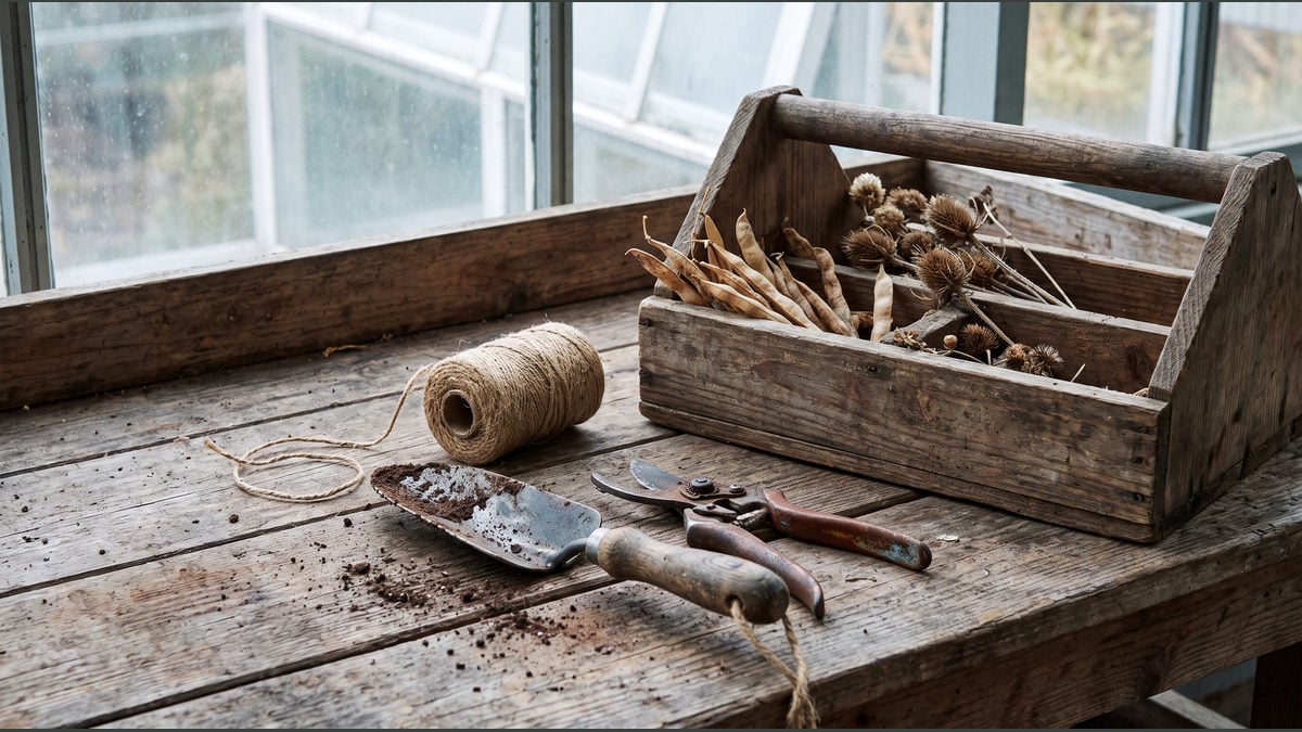 A trowel, secateurs, twine and seed heads on a weathered potting bench.