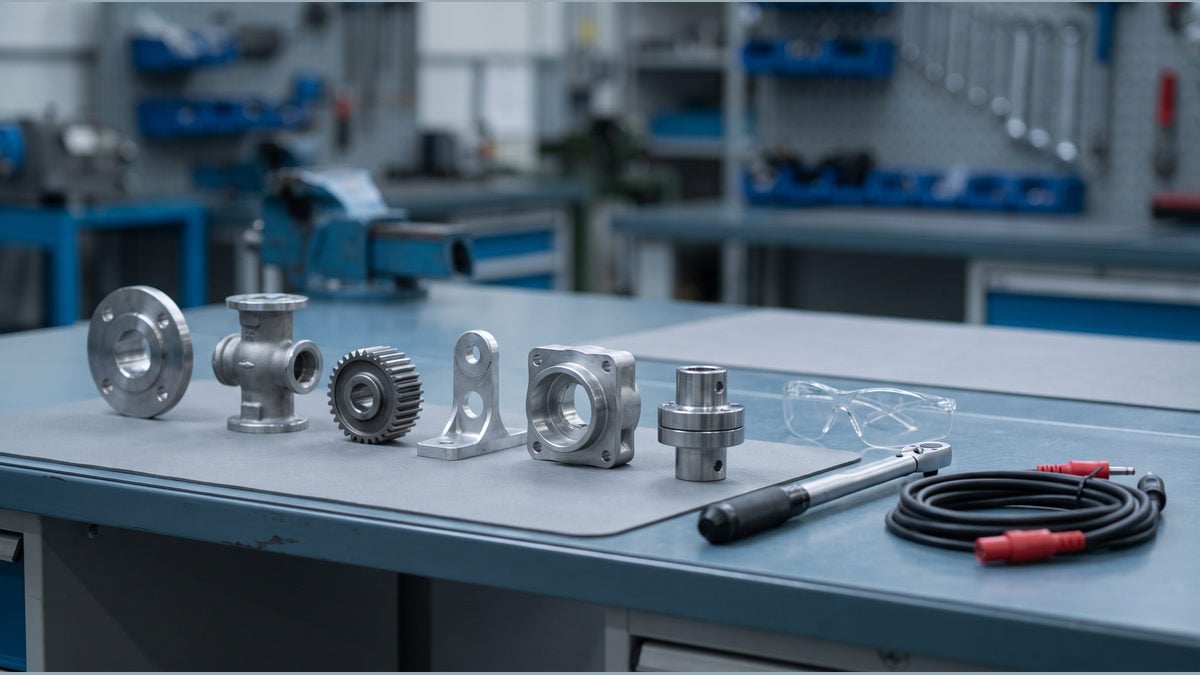 Unmarked metal components, safety glasses, a torque wrench and coiled cable on a training bench.