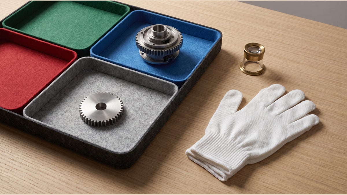 Metal parts in coloured trays with an inspection loupe and white work gloves.