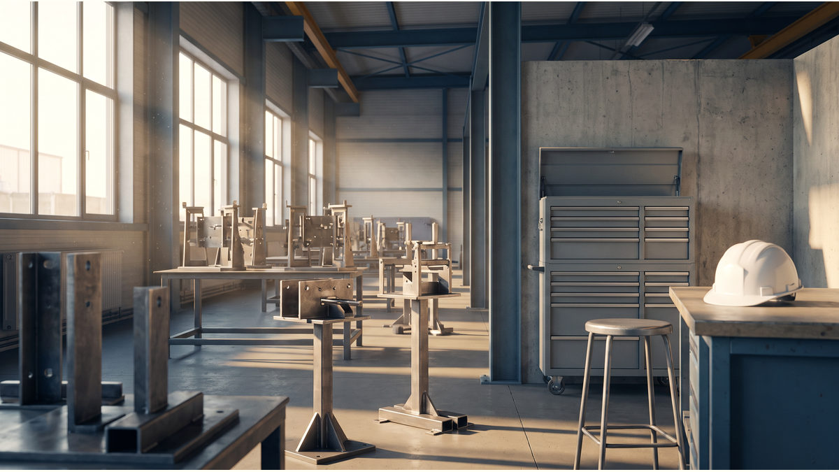 Unmarked practice fixtures, a closed tool cabinet, hard hat and stool in a sunlit practice bay.