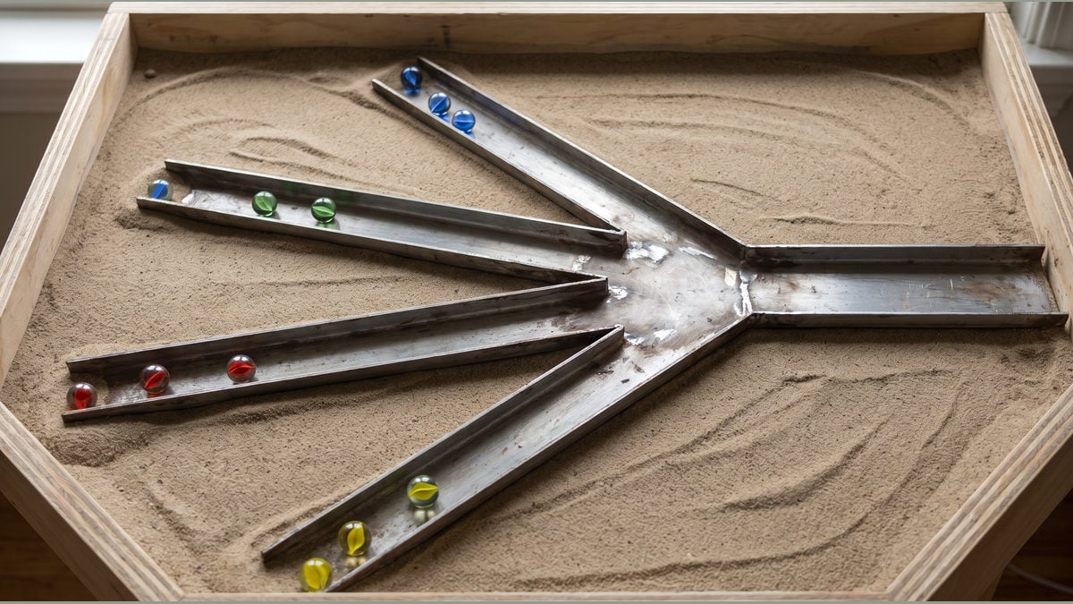 Coloured glass marbles in unmarked metal channels merging across a sand tray.