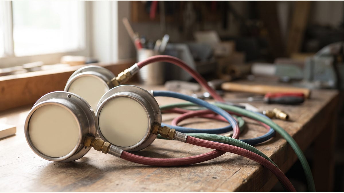 Three blank mechanical dials connected by unlabelled coloured hoses.